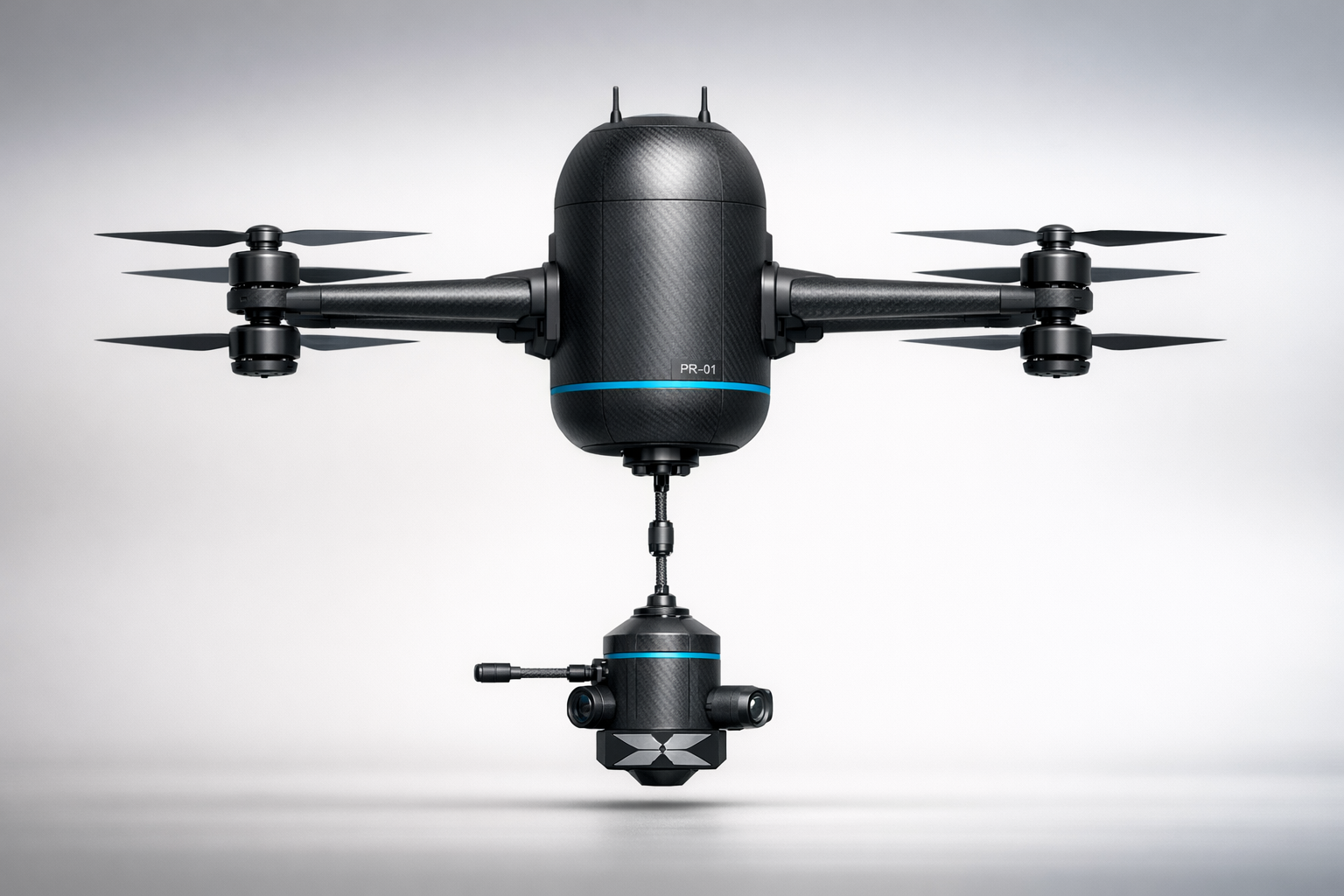 Endur Probe PR-01 exterior concept render — carbon-fiber capsule body with twin coaxial-rotor arms and a gimbaled multi-sensor pod.