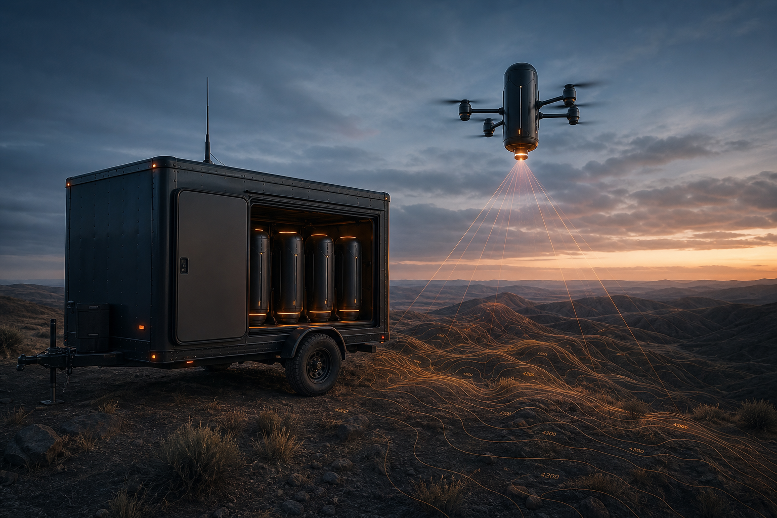 Endur Dock concept render — enclosed trailer parked on a high-desert ridge at dusk with side door open.